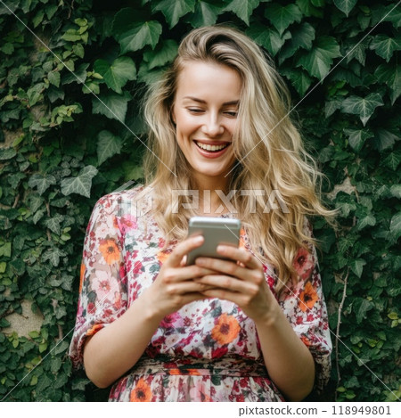 A beautiful Caucasian woman holding her phone and smiling, leaning against a wall of green hanging plants, 118949801