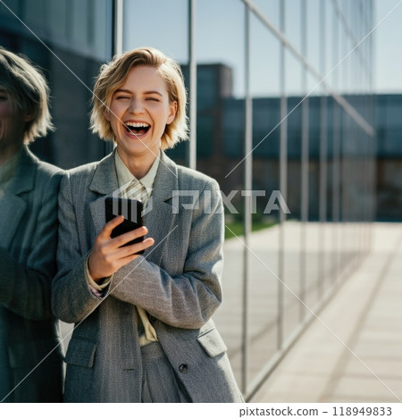 A businesswoman stands by a glass office wall, laughing while looking at her phone as the city reflects behind her, exuding professionalism and happiness. 118949833