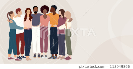 Group of people embracing each other from diverse culture holding hands.Teamwork and cooperation.Community of volunteers or friends committed to social issues for peace and the environment 118949866
