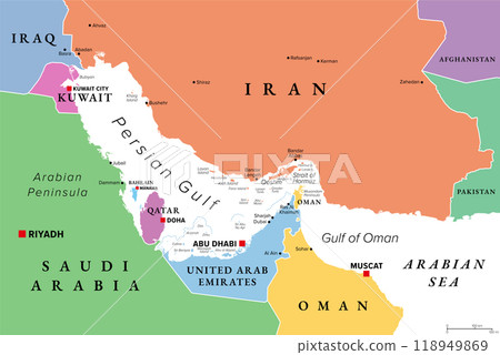 Persian Gulf region, multi colored political map. Arabian Gulf, a sea in West Asia, located between Iran and the Arabian Peninsula, connected to the Gulf of Oman in the east by the Strait of Hormuz. Persian Gulf region, multi colored political map. Arabian Gulf, a sea in West Asia, located between Iran and the Arabian Peninsula, connected to the Gulf of Oman in the east by the Strait of Hormuz. 118949869