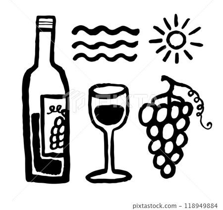 Hand drawn wine set. Bold line vector illustration doodle style isolated on white background. 118949884