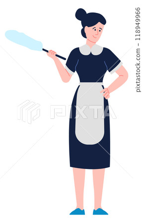 Woman in cleaning service uniform sweeping dust. Household worker Woman in cleaning service uniform sweeping dust. Household worker 118949966