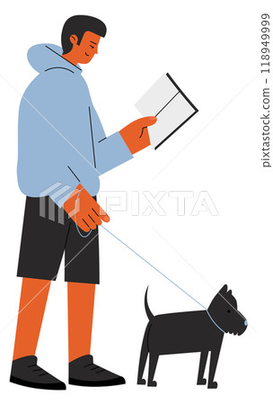Booklover read book on dog walk. Spare time spend Booklover read book on dog walk. Spare time spend 118949999
