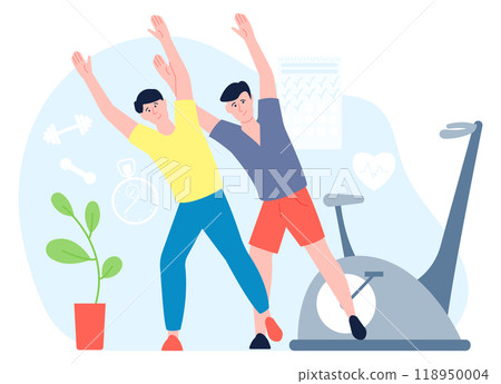 Guy exercise with fitness instructor. Gym training workout 118950004