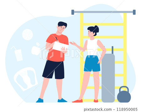 Fitness couch training woman in gym. Exercise plan concept Fitness couch training woman in gym. Exercise plan concept 118950005