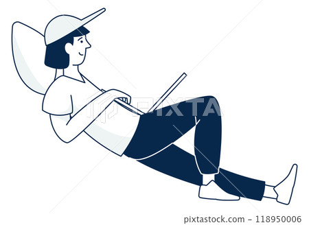 Man laying with laptop. Writing freelancer work at home 118950006