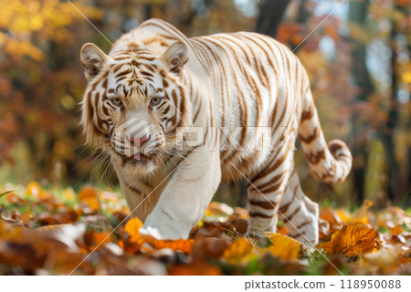 Beautiful White tiger walking through orange foliage in the autumn forest poster design natural background with wild animals , bleached tiger 118950088