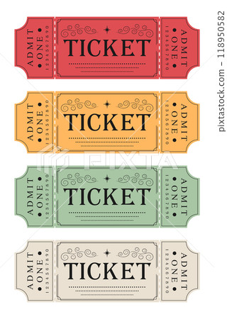Set of ticket templates in retro design isolated on white background. Front view. Vector illustration 118950582