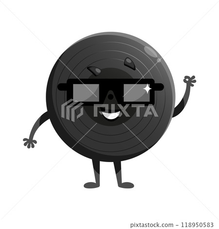 Cute cartoon vinyl record character wearing sunglasses. Vinyl disk, gramophone record mascot character in childish style. Vector illustration Cute cartoon vinyl record character wearing sunglasses. Vinyl disk, gramophone record mascot character in childish style. Vector illustration 118950583