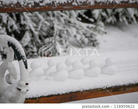 Snowmen in the shape of ducks. Ducks made of snow stand on a park bench 118950622