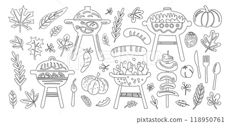 Set of isolated cute barbecues elements in doodle hand drawn style on a transparent background. Vol.1 : Black outline 118950761