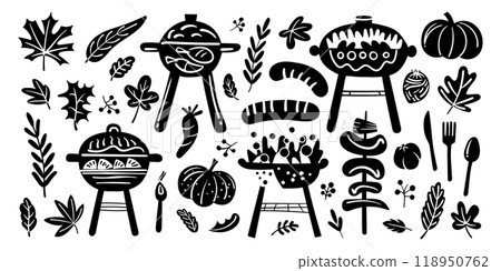 Set of isolated cute barbecues elements in doodle hand drawn style on a transparent background. Vol.1 : Black silhouette 118950762