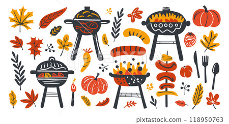 Set of isolated cute barbecues elements in doodle hand drawn style on a transparent background. Vol.1 : Red, orange and black color tone. 118950763