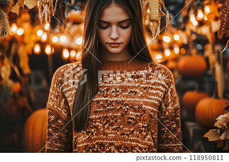 Woman in cozy sweaters at local fall festival surrounded by pumpkins and cornstalks. 118950811