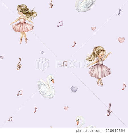 Watercolor seamless pattern with cute little ballerinas and swans. Hand drawn illustration heart and notes or treble clef on isolated background. Background for girl textile with dancing in pink dress Watercolor seamless pattern with cute little ballerinas and swans. Hand drawn illustration heart and notes or treble clef on isolated background. Background for girl textile with dancing in pink dress 118950864