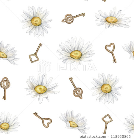 Seamless pattern with watercolor chamomile and gold key. Hand drawn illustration of daisy. White blossom flowers on isolated background. Drawing summer wildflowers botanical for textile. Seamless pattern with watercolor chamomile and gold key. Hand drawn illustration of daisy. White blossom flowers on isolated background. Drawing summer wildflowers botanical for textile. 118950865