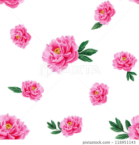 Seamless pattern with pink peony and green leaves. Watercolor illustration on white background. For wrapping paper, textile, packaging, design, fabric Seamless pattern with pink peony and green leaves. Watercolor illustration on white background. For wrapping paper, textile, packaging, design, fabric 118951143