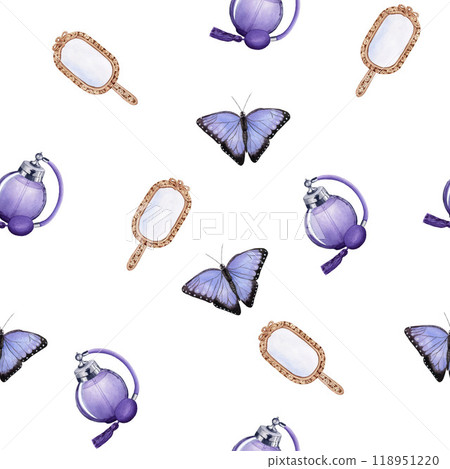 Seamless pattern with vintage lilac perfume bottles, mirrors and butterflies. Watercolor illustration on white background. For wrapping paper, textile 118951220