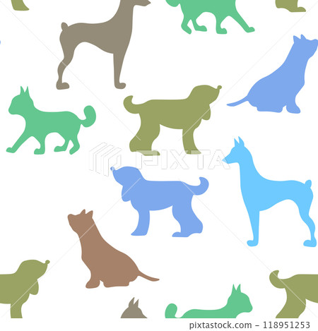 Vector seamless repeating childish pattern with cute dogs, cats in Scandinavian style. Animals background with dog, cat, pets, puppy for invitation, poster, card, flyer, textile, fabric Vector seamless repeating childish pattern with cute dogs, cats in Scandinavian style. Animals background with dog, cat, pets, puppy for invitation, poster, card, flyer, textile, fabric 118951253