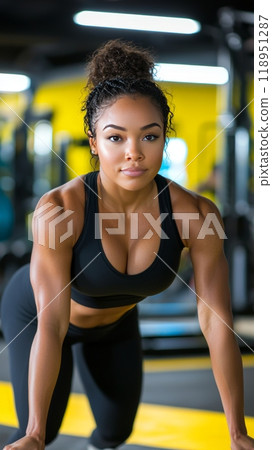 Determined Woman in Black Activewear Focused on Gym Workout 118951287