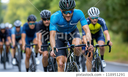 Cyclists Racing in Tight Formation on Road During Competition 118951291
