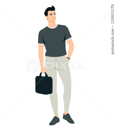 Vector illustration of a man in a dark t-shirt and beige pants with a bag Vector illustration of a man in a dark t-shirt and beige pants with a bag 118951376