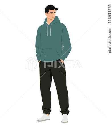 Vector illustration of a man in a dark green sweater and brown pants, emphasizing natural shades and a comfortable style for walking. 118951383