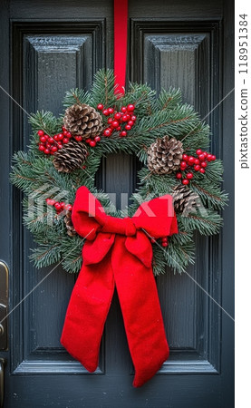 Festive Holiday Wreath with Pine Cones, Red Berries, and Ribbon on Door, Ideal for Christmas Decor Festive Holiday Wreath with Pine Cones, Red Berries, and Ribbon on Door, Ideal for Christmas Decor 118951384