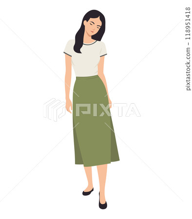 Vector illustration of a girl in a light t-shirt, green skirt and white shoes. Vector illustration of a girl in a light t-shirt, green skirt and white shoes. 118951418