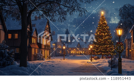 Serene Christmas Night in a Snow-Covered Village with a Beautifully Decorated Tree 118951443