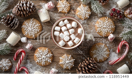 Festive Christmas Flat Lay with Cookies, Candy Canes, Pine Cones, and Hot Cocoa with Marshmallows 118951449