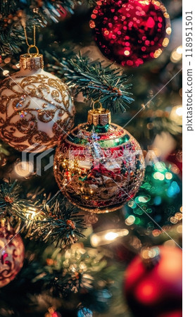 Festive Christmas Tree with Colorful Baubles and Shimmering Lights for Holiday Decoration Festive Christmas Tree with Colorful Baubles and Shimmering Lights for Holiday Decoration 118951501