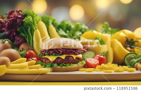 Beef burger topped with cheese, bacon, and fresh vegetables, 118951586