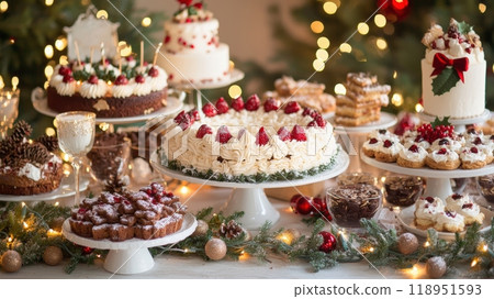 Festive Holiday Dessert Table with Christmas Cookies, Cakes, and Sweet Treats for Seasonal Celebrations 118951593