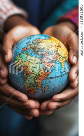 Global Unity and Shared Responsibility Symbolized by Diverse Hands Holding a Globe 118951600