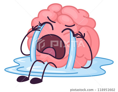 Crying brain in tears. Sad smart mascot emotion 118951602