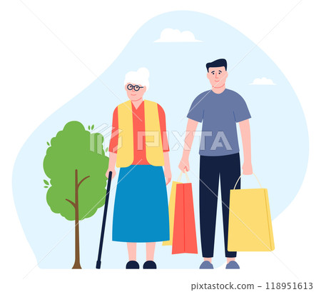 Man help old woman with shopping bags. Senior care Man help old woman with shopping bags. Senior care 118951613