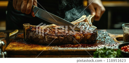 Professional Chef Slicing Juicy Medium-Rare T-Bone Steak in High-End Kitchen Setting 118951623