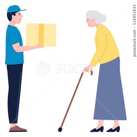 Delivery boy give parcel to old woman. Order shipping 118951635