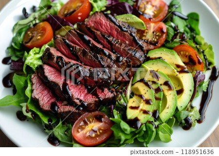 Fresh Steak Salad with Mixed Greens, Cherry Tomatoes, Avocado Slices, and Balsamic Glaze - Delicious Meal Concept 118951636