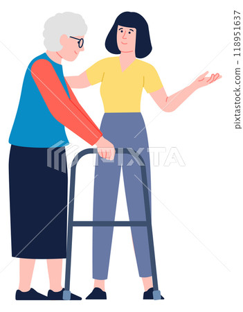 Senior woman with walking aid. Color characters support Senior woman with walking aid. Color characters support 118951637
