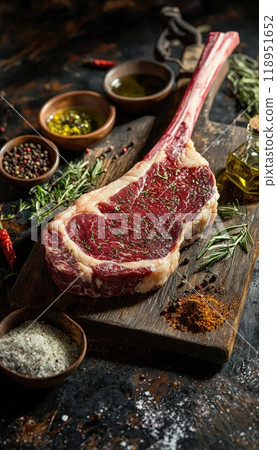 Raw Tomahawk Steak with Spices and Olive Oil on Wooden Butcher Block for Rustic Kitchen Design Raw Tomahawk Steak with Spices and Olive Oil on Wooden Butcher Block for Rustic Kitchen Design 118951652