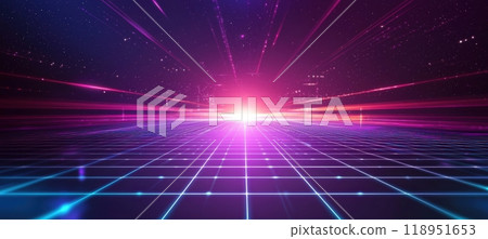 Retro Futuristic Neon Grid Lines in Purple and Blue High-Tech Background for Digital Designs 118951653