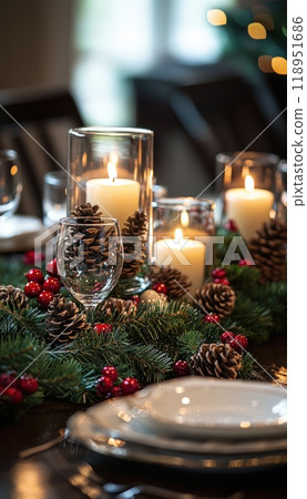 Elegant Christmas Centerpiece with Candles and Pine Cones for Festive Dining Table Setting 118951686