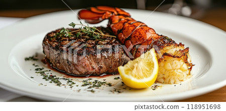Gourmet Surf and Turf Dish: Juicy Steak with Lobster Tail and Fresh Herb Garnish for Fine Dining Experience 118951698