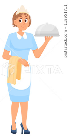 Waitress cartoon character. Woman serving food in tray 118951711