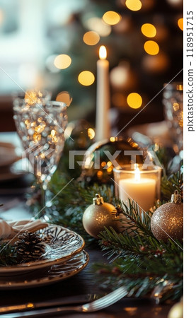 Luxurious Christmas Table Setting with Elegant Decorations, Candles, and Festive Greenery Luxurious Christmas Table Setting with Elegant Decorations, Candles, and Festive Greenery 118951715