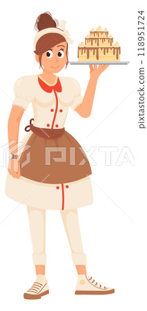 Pastry chef cartoon character. Female cook baking cake 118951724