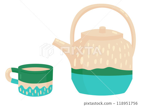 Cozy teapot and cup icon. Cute ceramic tea mug Cozy teapot and cup icon. Cute ceramic tea mug 118951756