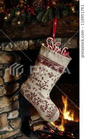 Rustic Fireplace Christmas Stocking with Gifts and Candy Canes - Traditional Holiday Scene 118951761